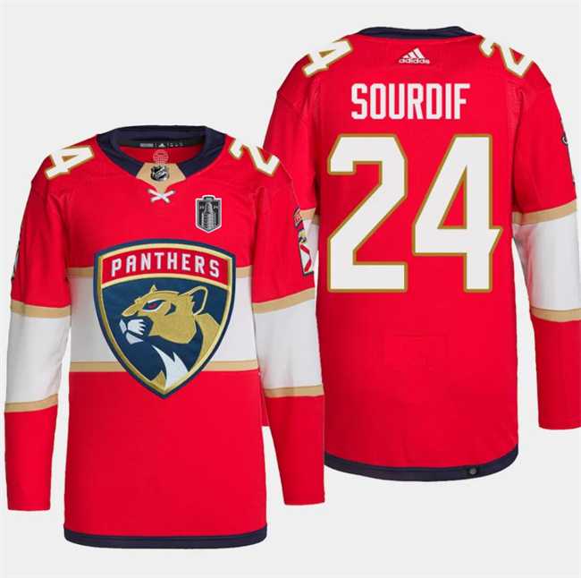 Mens Florida Panthers #24 Justin Sourdif Red 2024 Stanley Cup Final Stitched Jersey Dzhi->florida panthers->NHL Jersey